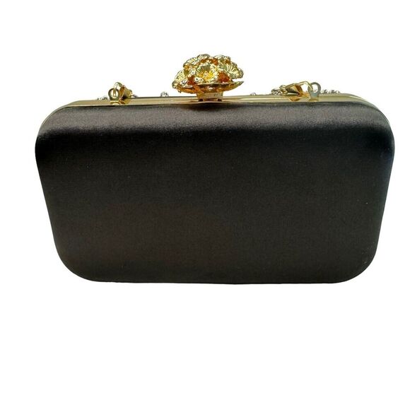 Black Satin Multi Rhinestone and Pearl Accent Clutch Purse Evening Bag - Picture 6 of 9